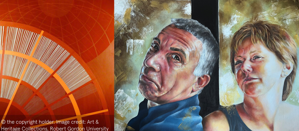 Images of two paintings, one abstract and the other realist. The first painting shows curved lines in orange and white. The second is a portrait of two individuals, a man and women.