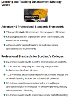 A screen shot that lists professional standards and values from the UHI Learning and Teaching Strategy.